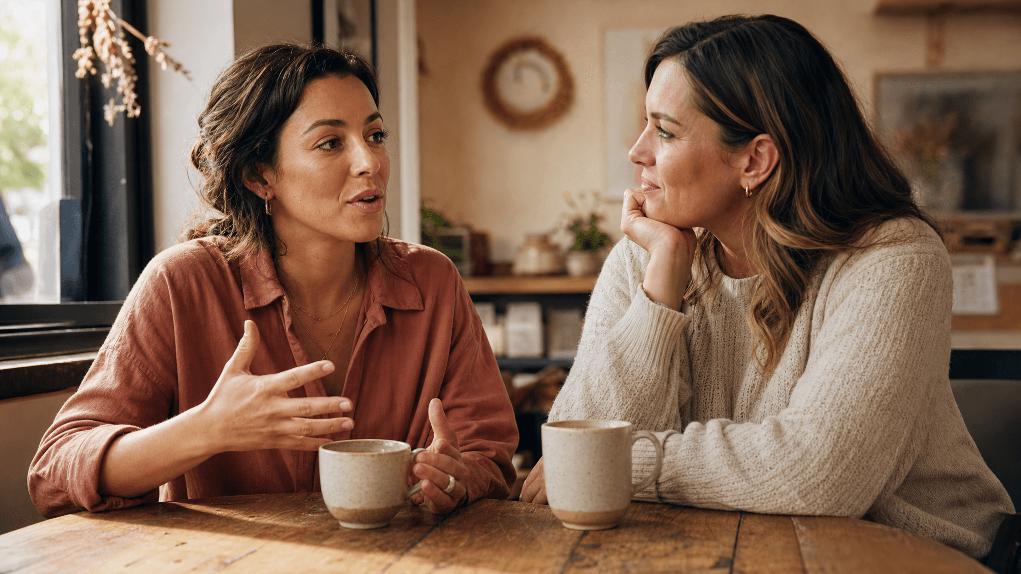 Two women talking warmly over coffee in a cosy cafe